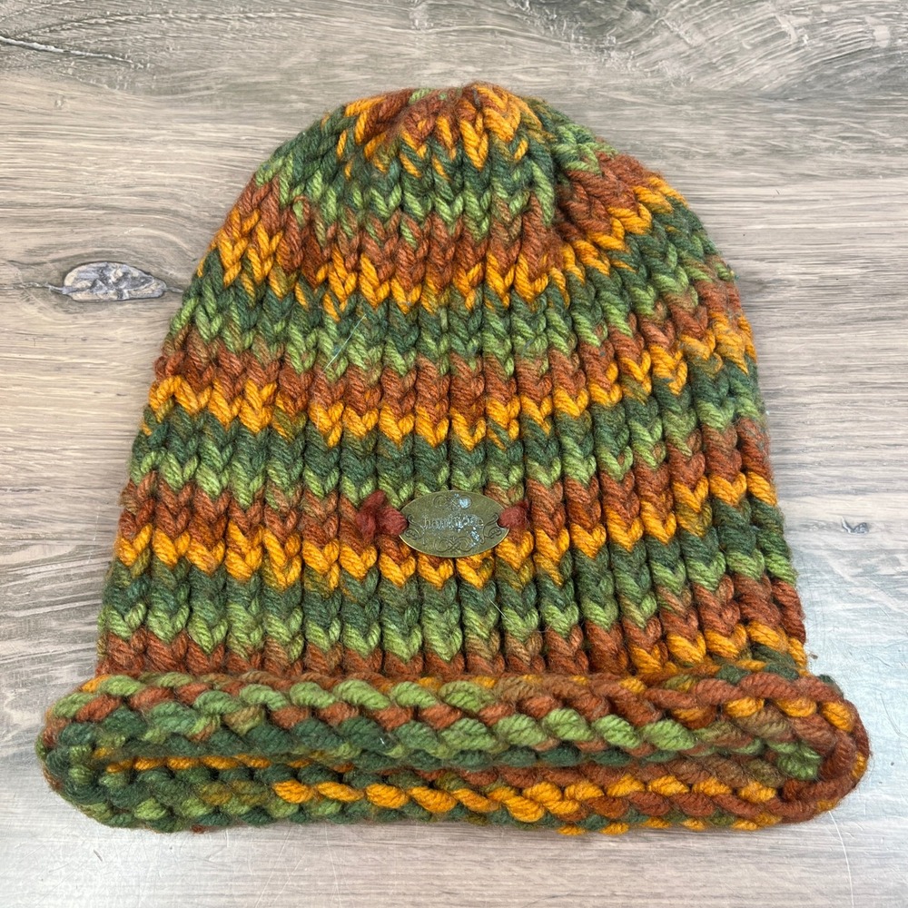 Handmade Chunky Knit Beanie Kids Green Orange Yellow Variegated Winter Hat OS